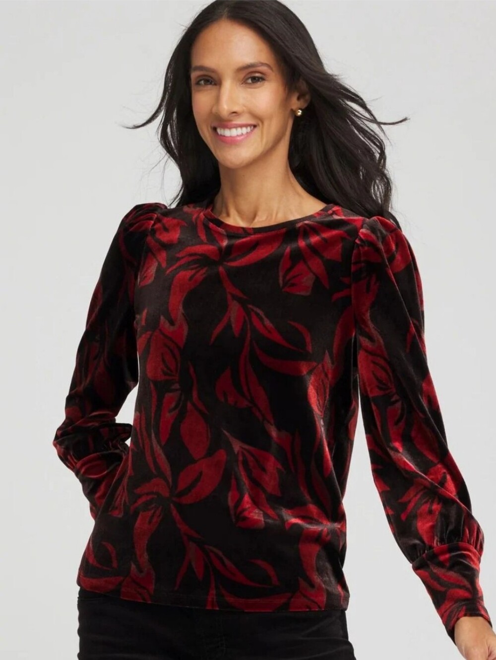 NWT Chico's Velvet Rose Banded-Cuff Top Red Leaf Long Sleeve Sz L